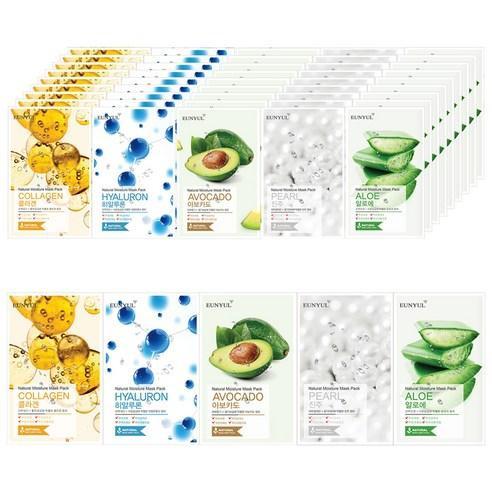 EUNYUL Natural Sheet Mask Pack Set 50 Sheets (Aloe 10p + Collagen 10p + Pearl 10p + Hyaluron 10p + Avocado 10p).
