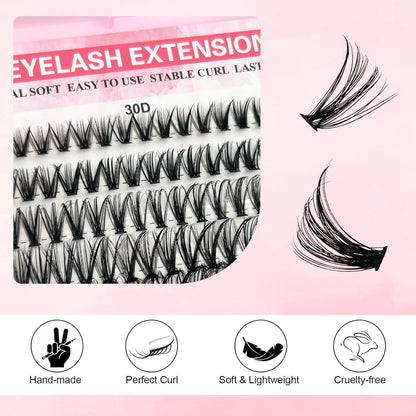 Cluster Lashes 200pcs 30D-100D 9-16mm Mixed Lengths, Ultra-Natural Look Thin Ultra-Soft Ultra-Light, Reusable for Beginners
