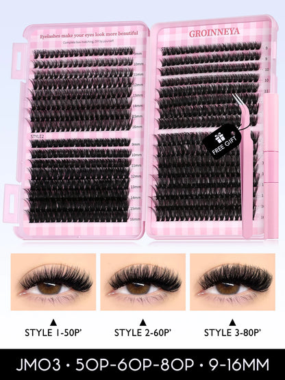 GROINNEYA Lash Clusters Kit Cat Lashes 640 Pcs with Lash Bond & Seal Cluster Eyelash Extensions Eyelash Clusters Kit DIY at Home.