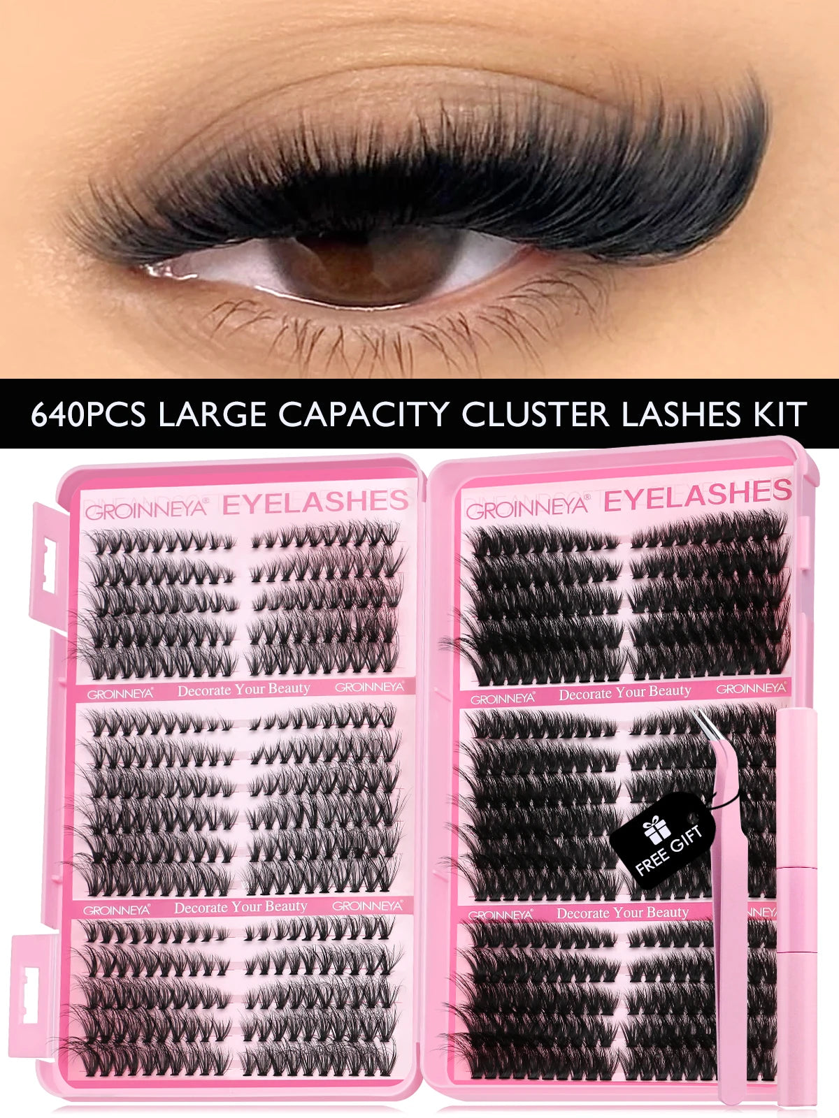 GROINNEYA Lash Clusters Kit Cat Lashes 640 Pcs with Lash Bond & Seal Cluster Eyelash Extensions Eyelash Clusters Kit DIY at Home.