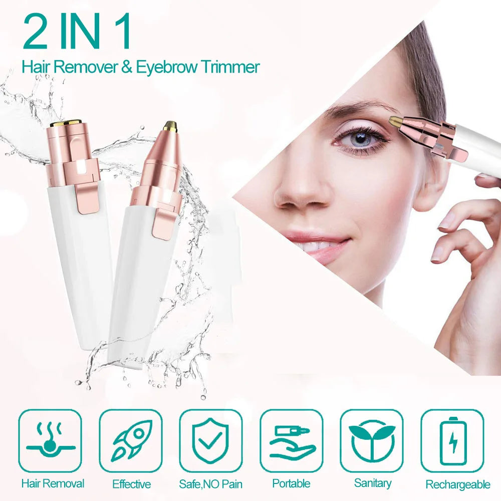 2 in 1 Electric Eyebrow Trimmer Painless Eye Brow Epilator For Women Makeup Mini Razors Portable Facial Hair Removal Shaver