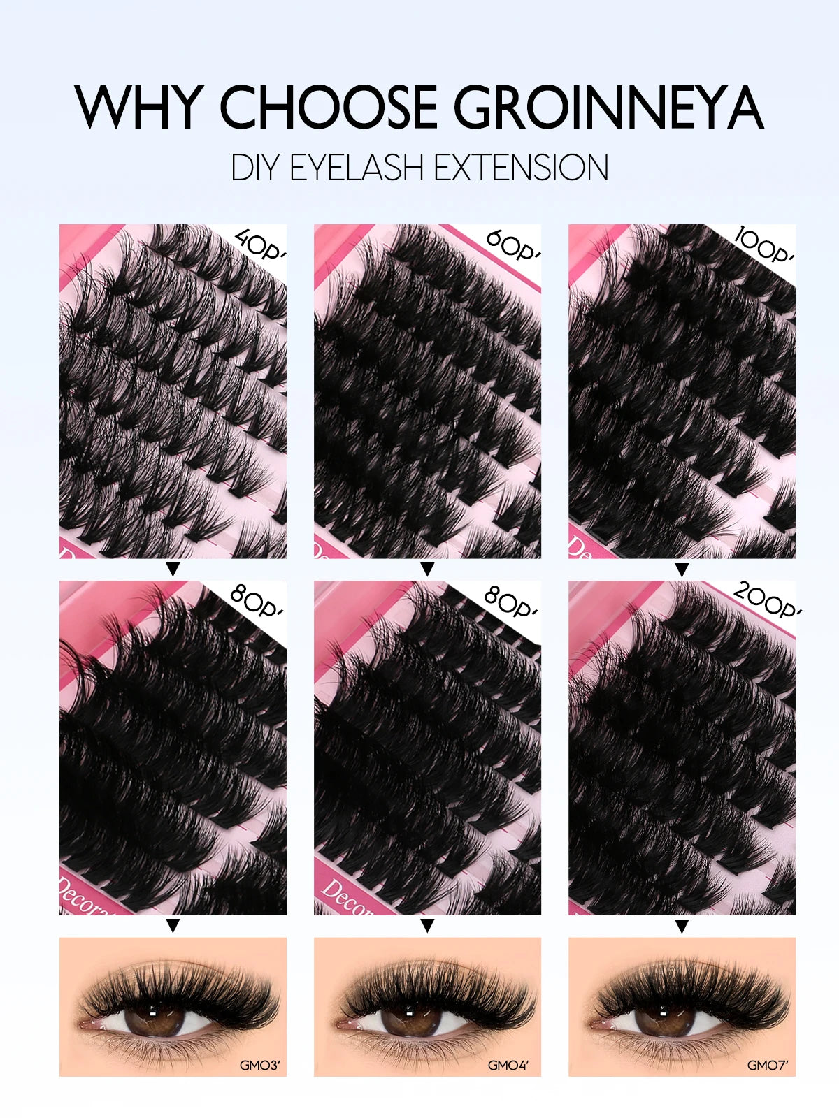 GROINNEYA Lash Clusters Kit Cat Lashes 640 Pcs with Lash Bond & Seal Cluster Eyelash Extensions Eyelash Clusters Kit DIY at Home.
