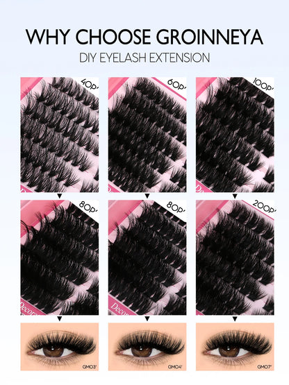 GROINNEYA Lash Clusters Kit Cat Lashes 640 Pcs with Lash Bond & Seal Cluster Eyelash Extensions Eyelash Clusters Kit DIY at Home.