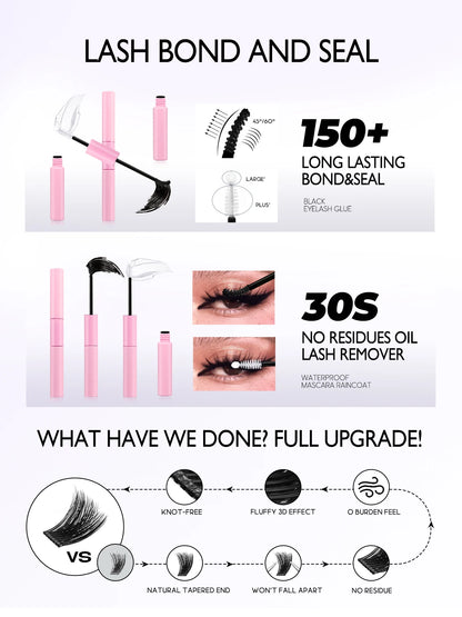 GROINNEYA Lash Clusters Kit Cat Lashes 640 Pcs with Lash Bond & Seal Cluster Eyelash Extensions Eyelash Clusters Kit DIY at Home.