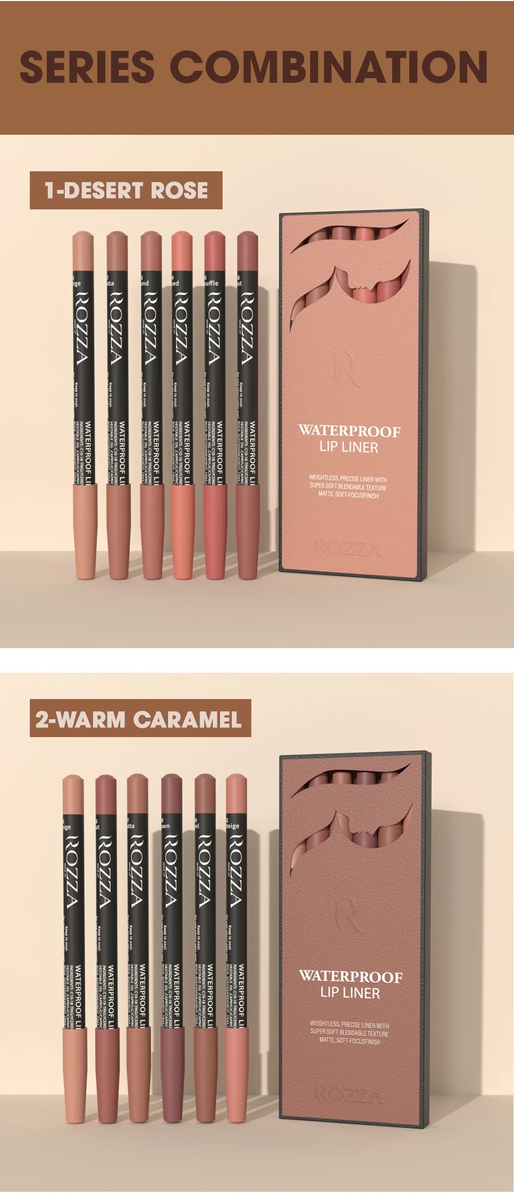 Rozza Waterproof Lip Liner Pencil Set, Weightless Precise Liner with Super Soft Blendable Texture Matte Soft.