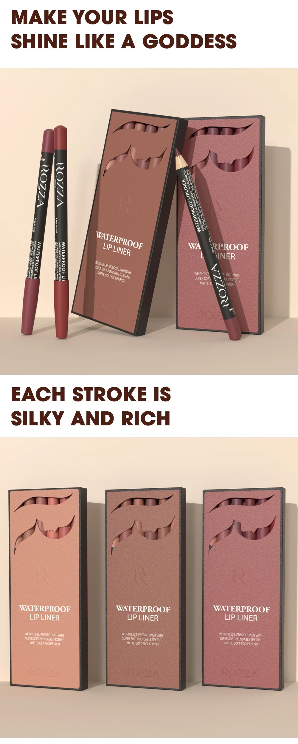 Rozza Waterproof Lip Liner Pencil Set, Weightless Precise Liner with Super Soft Blendable Texture Matte Soft.