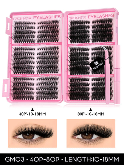 GROINNEYA Lash Clusters Kit Cat Lashes 640 Pcs with Lash Bond & Seal Cluster Eyelash Extensions Eyelash Clusters Kit DIY at Home.