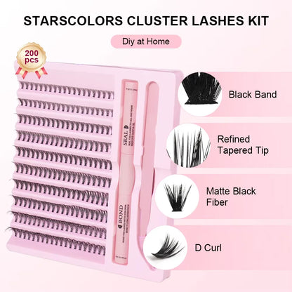 Cluster Lashes 200pcs 30D-100D 9-16mm Mixed Lengths, Ultra-Natural Look Thin Ultra-Soft Ultra-Light, Reusable for Beginners