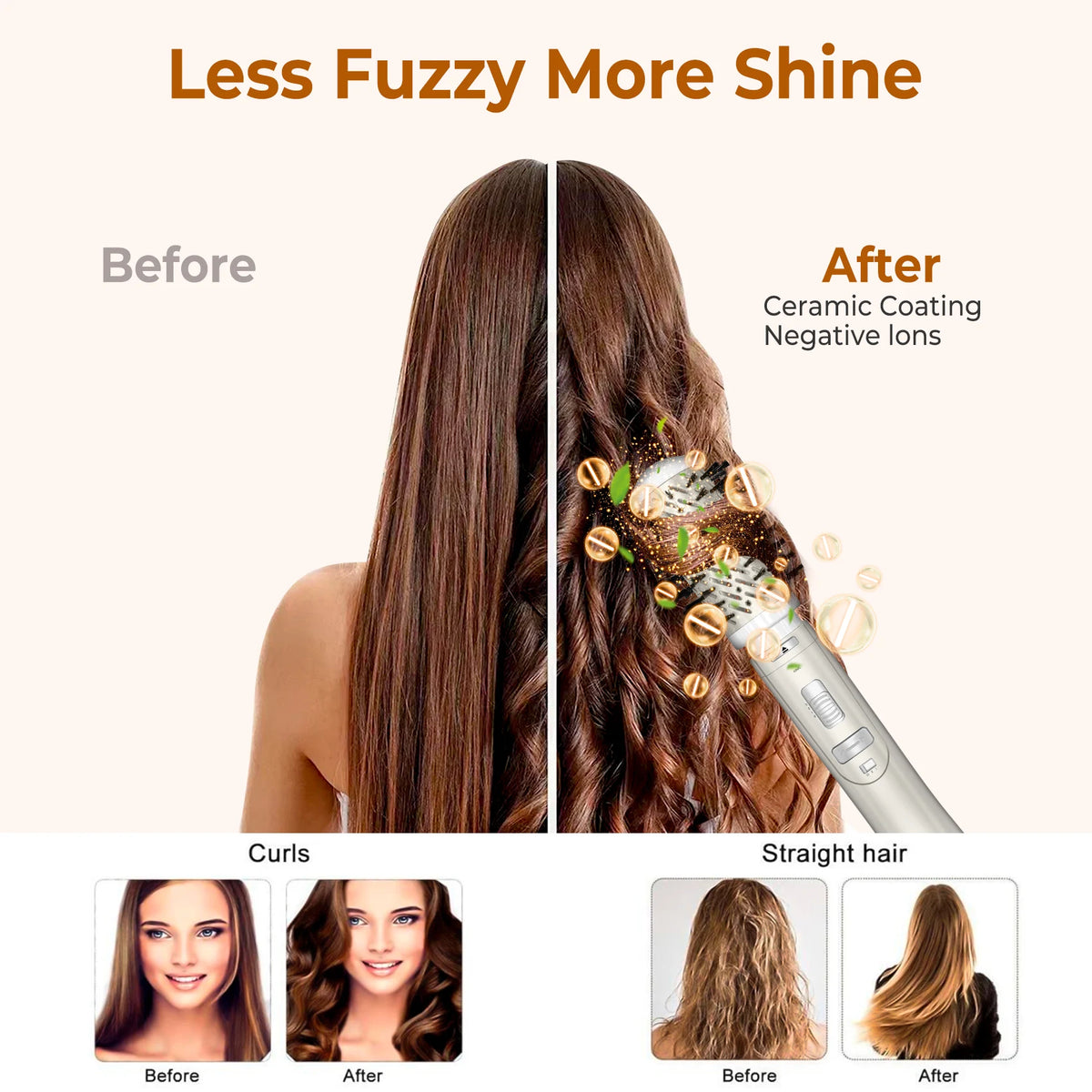 Hair Dryer Brush 2 In 1 Hot Air Spin Brush Curling Straightening Styling Auto-Rotating Ionic Round Blow Dryer Volumizer.