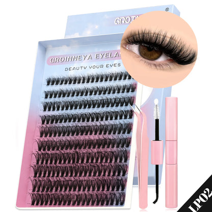 GROINNEYA Lash Clusters Kit Cat Lashes 640 Pcs with Lash Bond & Seal Cluster Eyelash Extensions Eyelash Clusters Kit DIY at Home.