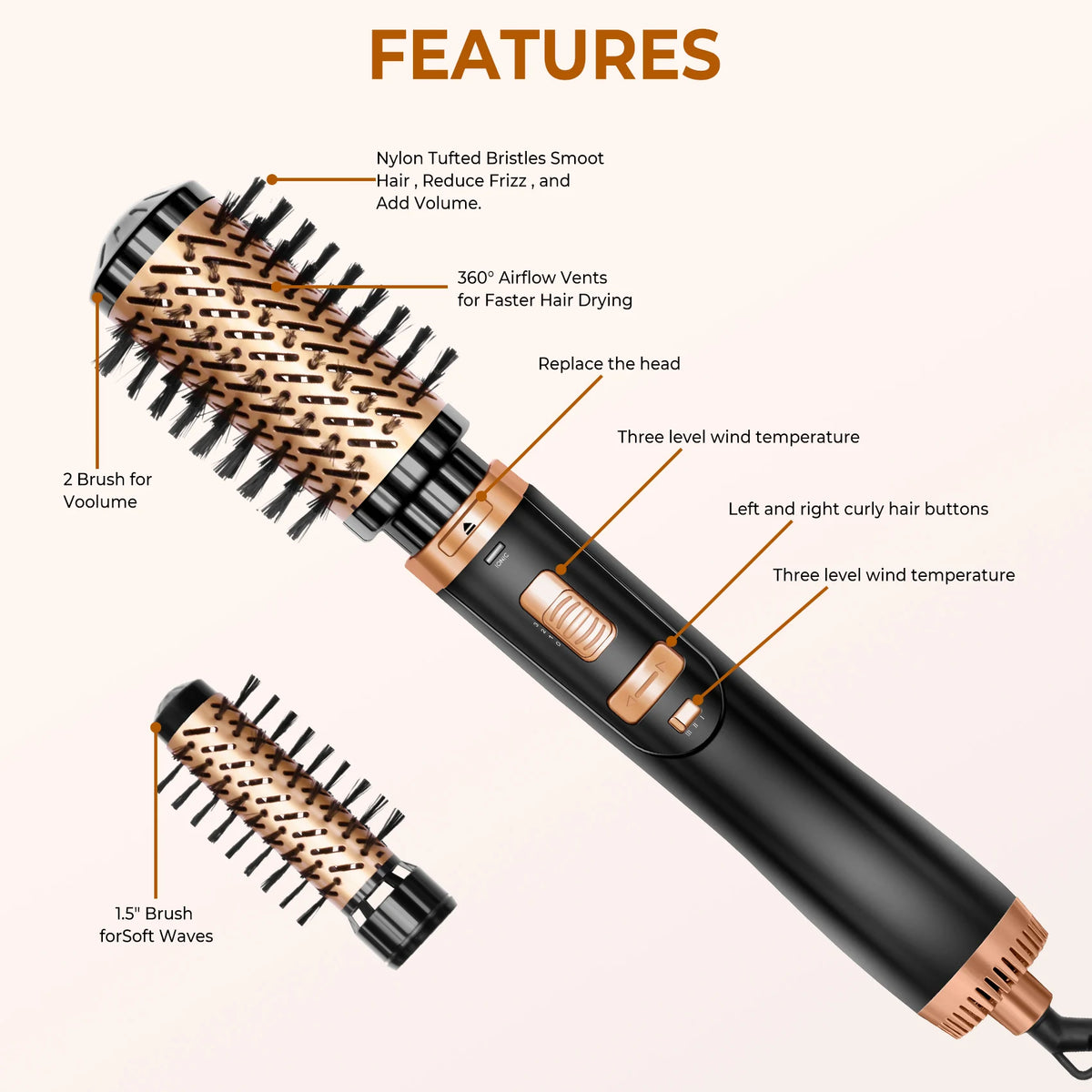 Hair Dryer Brush 2 In 1 Hot Air Spin Brush Curling Straightening Styling Auto-Rotating Ionic Round Blow Dryer Volumizer.