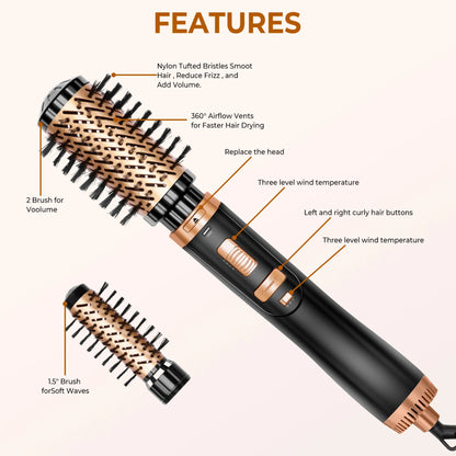 Hair Dryer Brush 2 In 1 Hot Air Spin Brush Curling Straightening Styling Auto-Rotating Ionic Round Blow Dryer Volumizer.