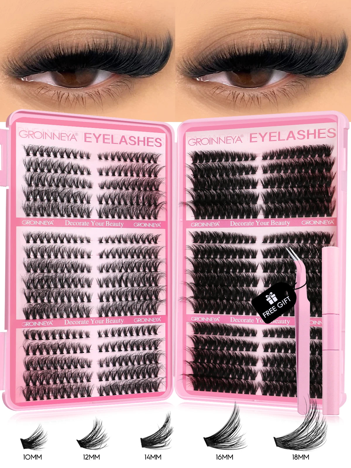 GROINNEYA Lash Clusters Kit Cat Lashes 640 Pcs with Lash Bond & Seal Cluster Eyelash Extensions Eyelash Clusters Kit DIY at Home.