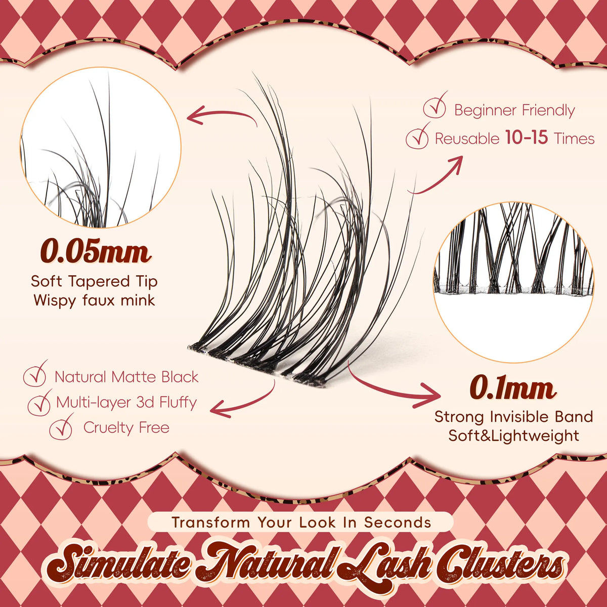 Lash Clusters 0.05mm PBT Fiber Eyelash Clusters 0.1mm Superfine Invisiband D Curl Diy Lash Extension 8-16mm Individual Lashes.