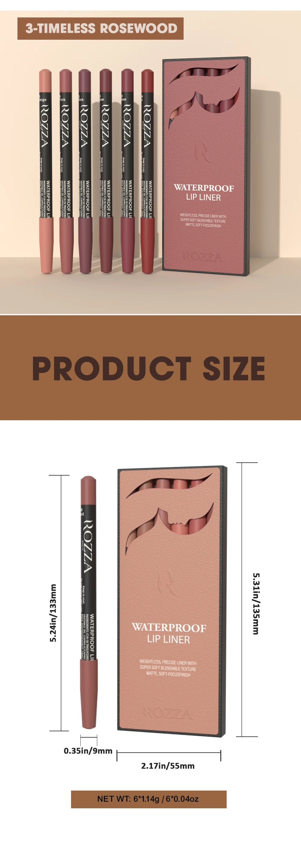 Rozza Waterproof Lip Liner Pencil Set, Weightless Precise Liner with Super Soft Blendable Texture Matte Soft.