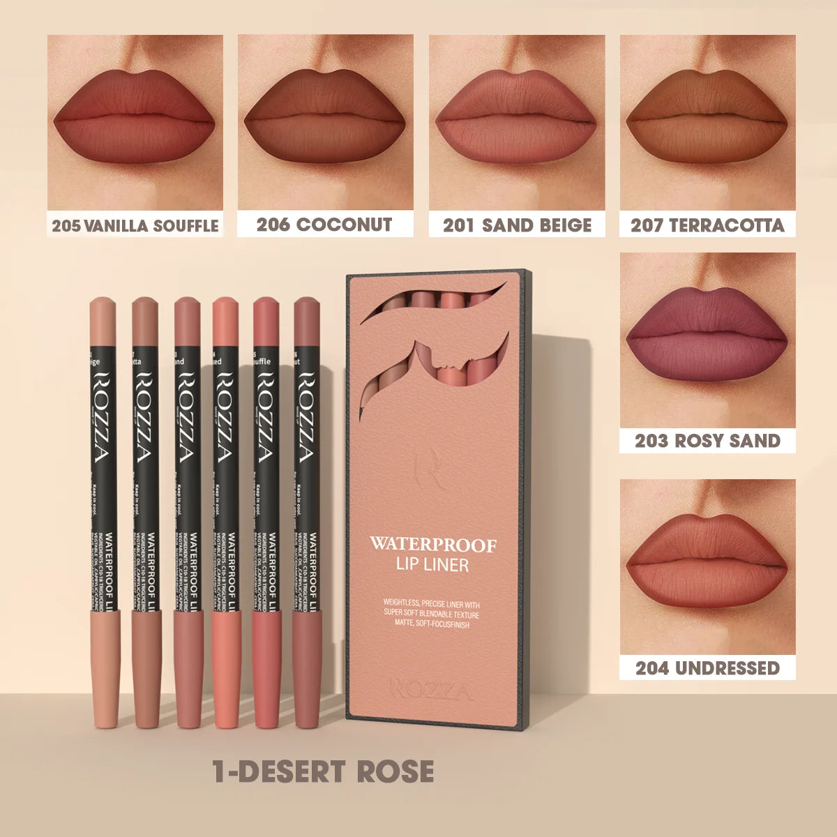 Rozza Waterproof Lip Liner Pencil Set, Weightless Precise Liner with Super Soft Blendable Texture Matte Soft.