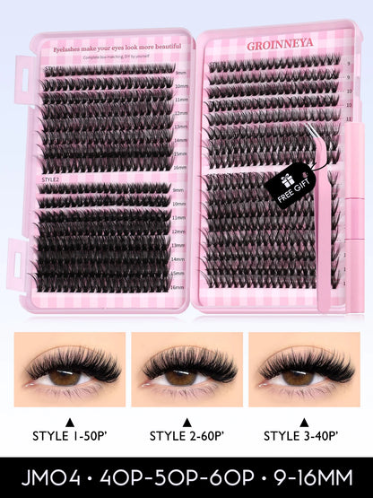 GROINNEYA Lash Clusters Kit Cat Lashes 640 Pcs with Lash Bond & Seal Cluster Eyelash Extensions Eyelash Clusters Kit DIY at Home