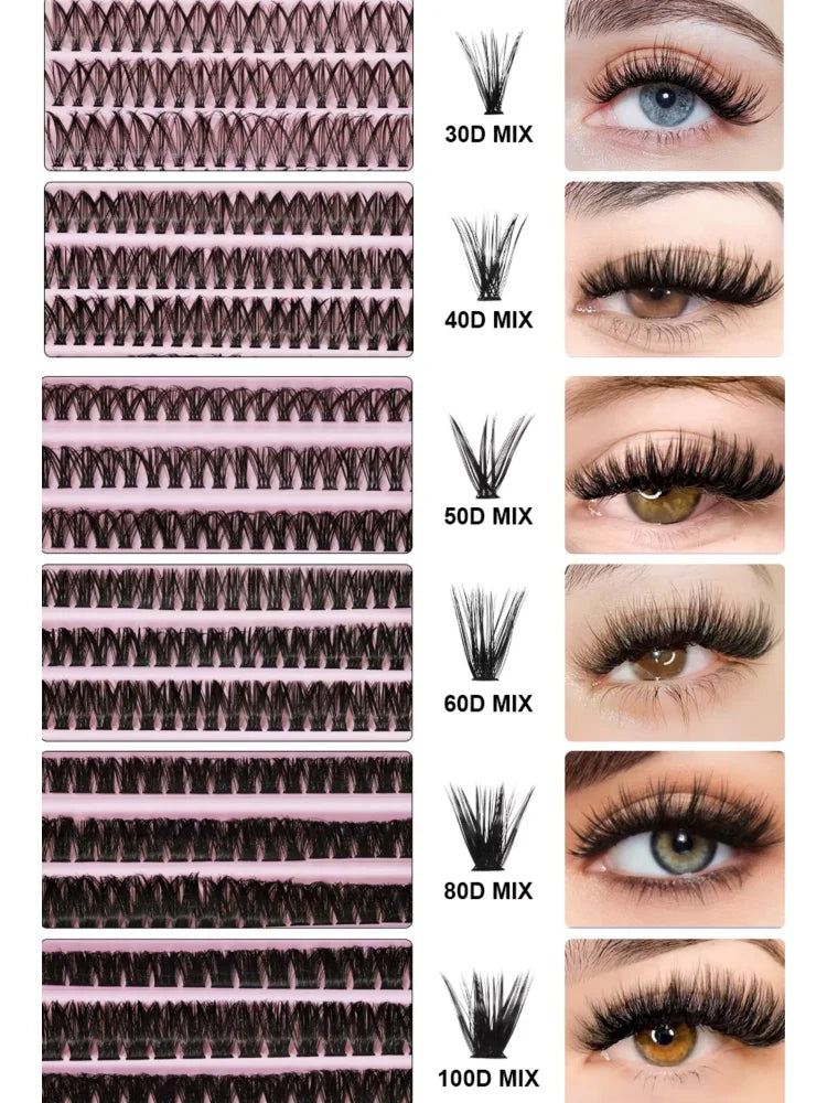 Cluster Lashes 200pcs 30D-100D 9-16mm Mixed Lengths, Ultra-Natural Look Thin Ultra-Soft Ultra-Light, Reusable for Beginners
