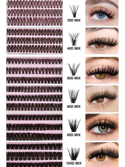 Cluster Lashes 200pcs 30D-100D 9-16mm Mixed Lengths, Ultra-Natural Look Thin Ultra-Soft Ultra-Light, Reusable for Beginners