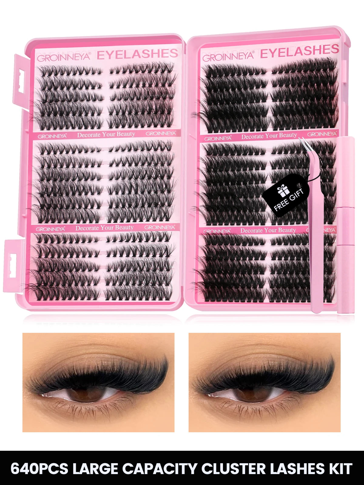 GROINNEYA Lash Clusters Kit Cat Lashes 640 Pcs with Lash Bond & Seal Cluster Eyelash Extensions Eyelash Clusters Kit DIY at Home.