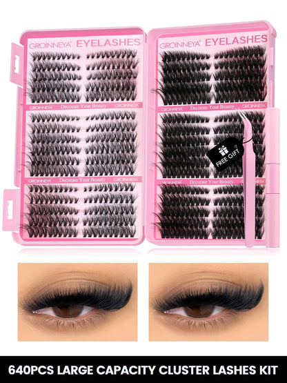 GROINNEYA Lash Clusters Kit Cat Lashes 640 Pcs with Lash Bond & Seal Cluster Eyelash Extensions Eyelash Clusters Kit DIY at Home.