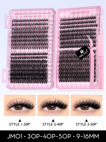 GROINNEYA Lash Clusters Kit Cat Lashes 640 Pcs with Lash Bond & Seal Cluster Eyelash Extensions Eyelash Clusters Kit DIY at Home.