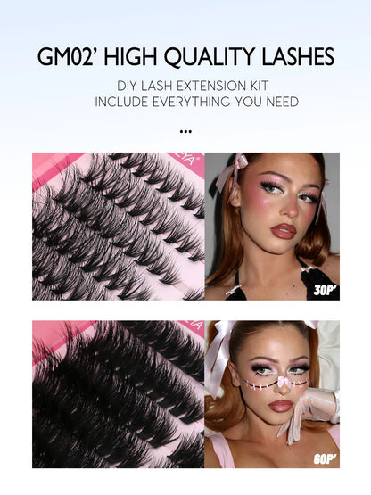GROINNEYA Lash Clusters Kit Cat Lashes 640 Pcs with Lash Bond & Seal Cluster Eyelash Extensions Eyelash Clusters Kit DIY at Home.