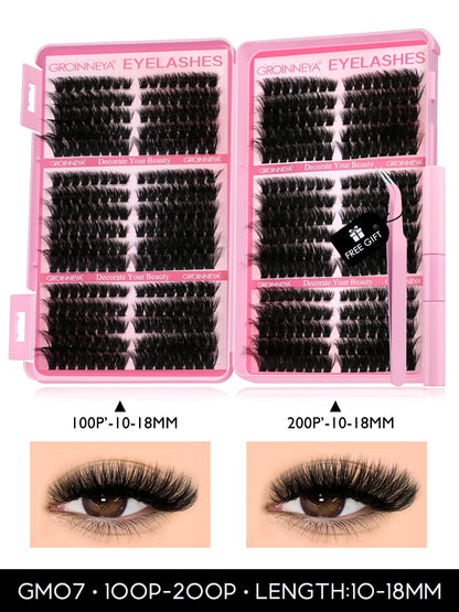 GROINNEYA Lash Clusters Kit Cat Lashes 640 Pcs with Lash Bond & Seal Cluster Eyelash Extensions Eyelash Clusters Kit DIY at Home.