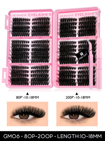 GROINNEYA Lash Clusters Kit Cat Lashes 640 Pcs with Lash Bond & Seal Cluster Eyelash Extensions Eyelash Clusters Kit DIY at Home.