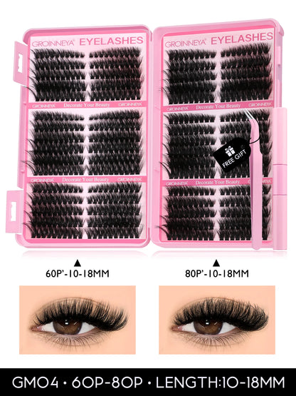 GROINNEYA Lash Clusters Kit Cat Lashes 640 Pcs with Lash Bond & Seal Cluster Eyelash Extensions Eyelash Clusters Kit DIY at Home.